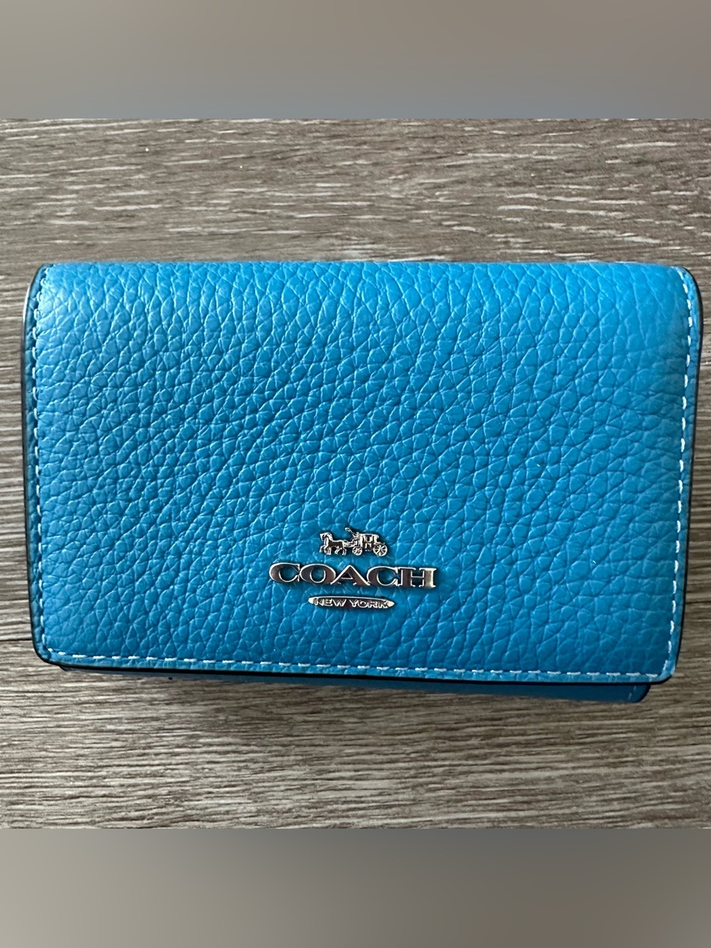 Coach Bright Blue Pebbled Leather Wallet Silver Logo Snap Zip Coin
